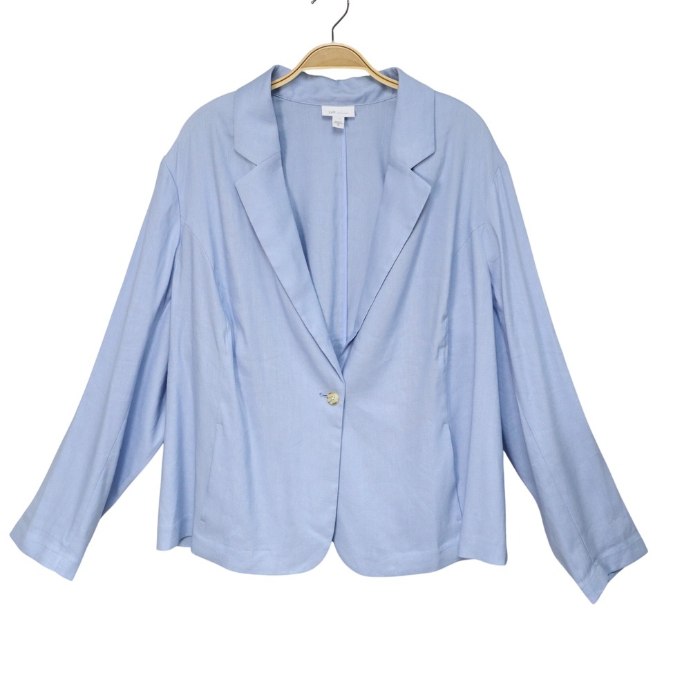 J. Jill Love Linen One Button Blazer 2X Baby Blue Lightweight Jacket Minimalist
